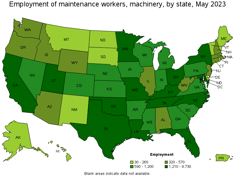 Map of employment of maintenance workers, machinery by state, May 2021