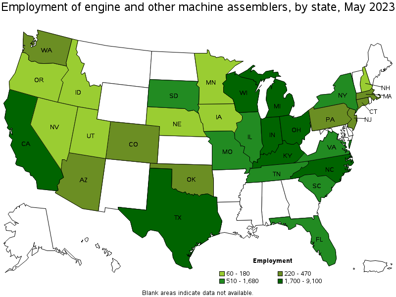 Map of employment of engine and other machine assemblers by state, May 2022