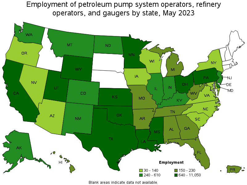 Map of employment of petroleum pump system operators, refinery operators, and gaugers by state, May 2022