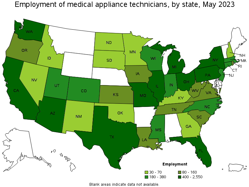Map of employment of medical appliance technicians by state, May 2021