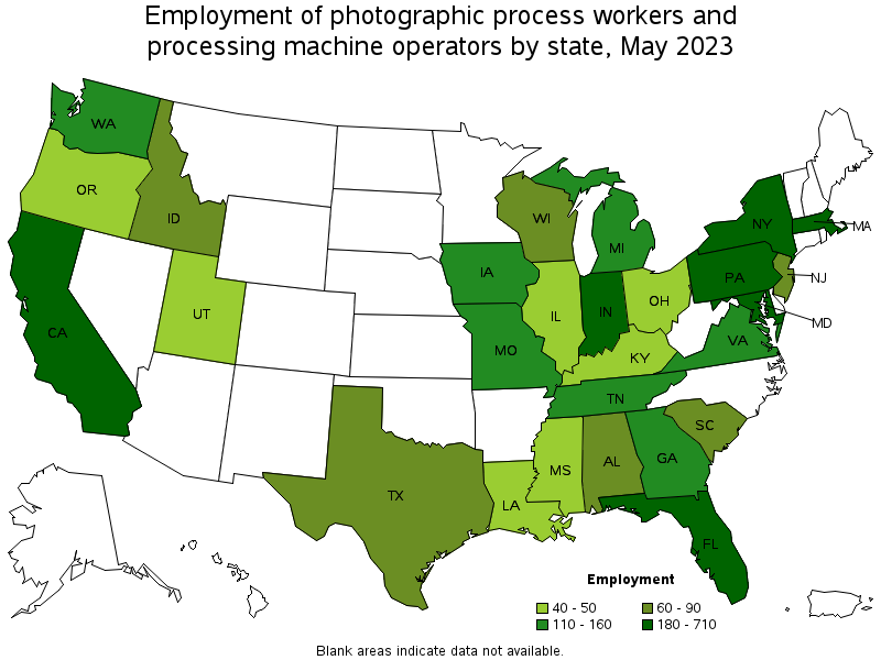 Map of employment of photographic process workers and processing machine operators by state, May 2022