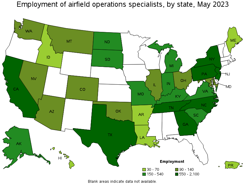 Map of employment of airfield operations specialists by state, May 2021