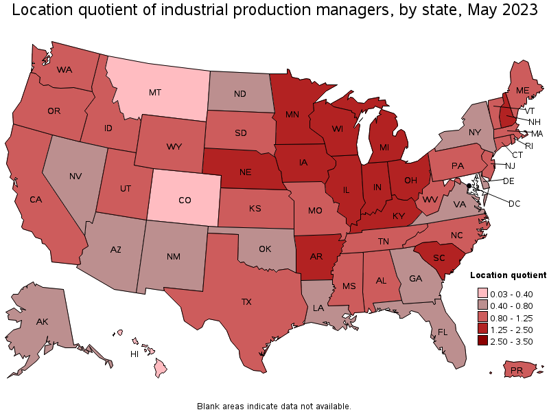Map of location quotient of industrial production managers by state, May 2022