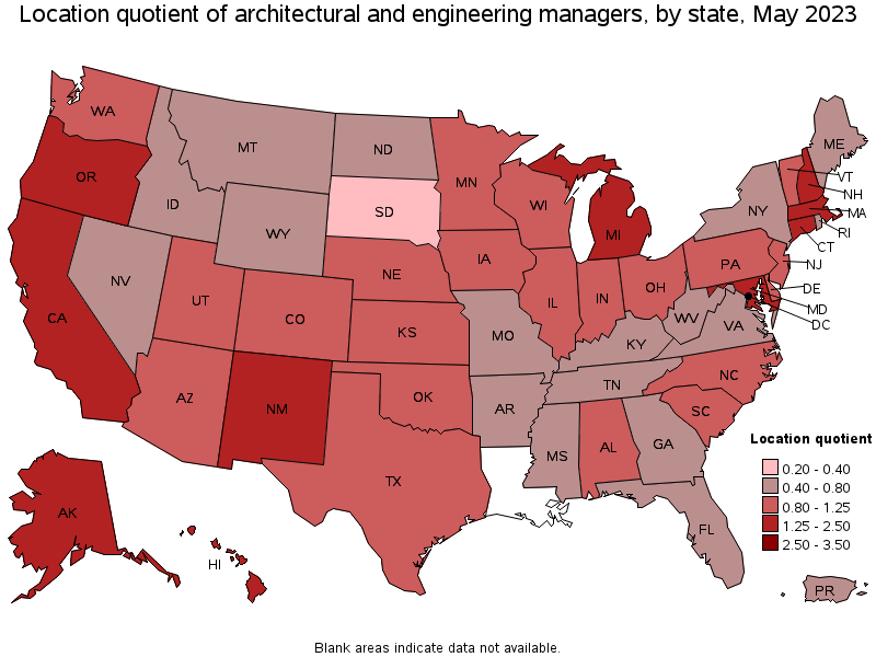 Map of location quotient of architectural and engineering managers by state, May 2021