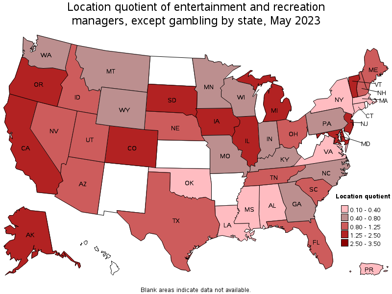 Map of location quotient of entertainment and recreation managers, except gambling by state, May 2021