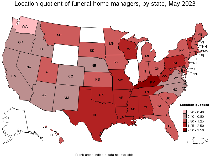 Map of location quotient of funeral home managers by state, May 2022