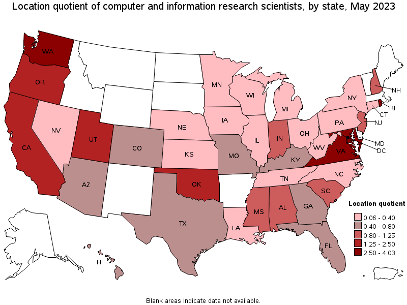 Map of location quotient of computer and information research scientists by state, May 2021