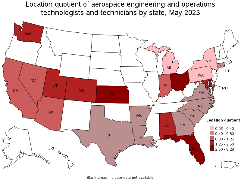 Map of location quotient of aerospace engineering and operations technologists and technicians by state, May 2022