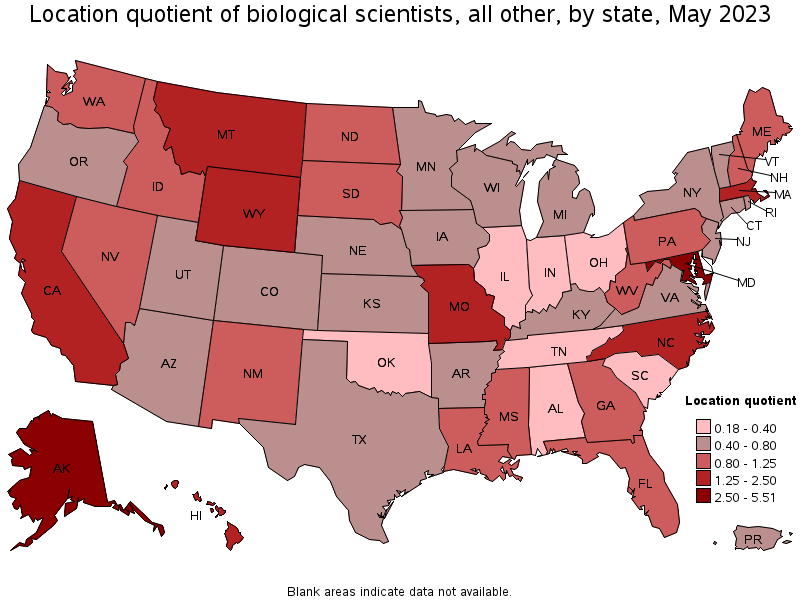 Map of location quotient of biological scientists, all other by state, May 2021