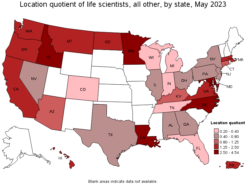 Map of location quotient of life scientists, all other by state, May 2021