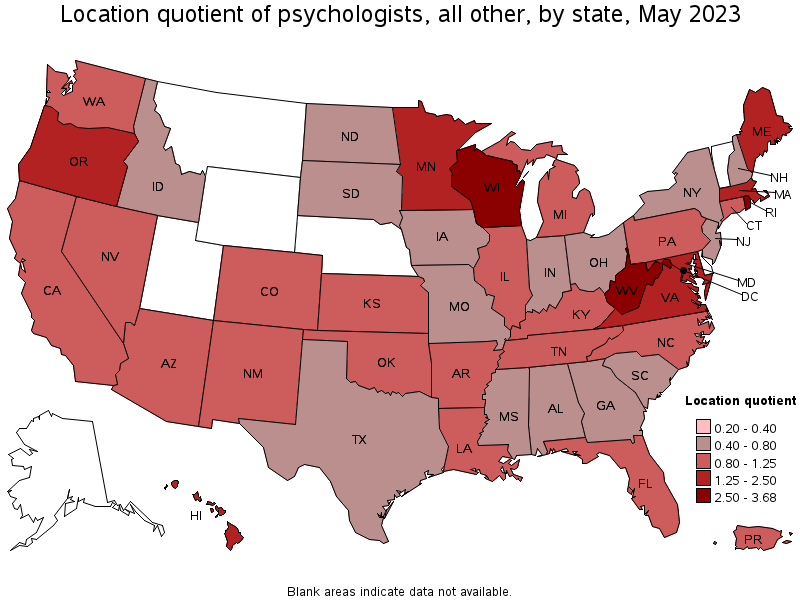 Map of location quotient of psychologists, all other by state, May 2021