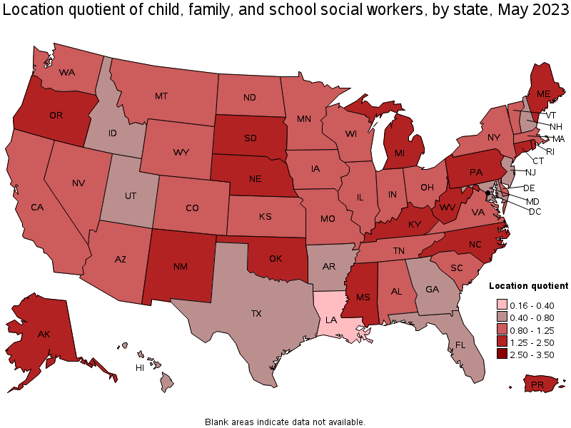 Map of location quotient of child, family, and school social workers by state, May 2022