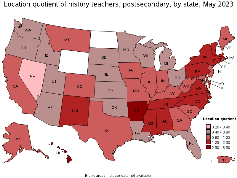 Map of location quotient of history teachers, postsecondary by state, May 2021