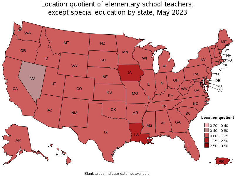 Map of location quotient of elementary school teachers, except special education by state, May 2021