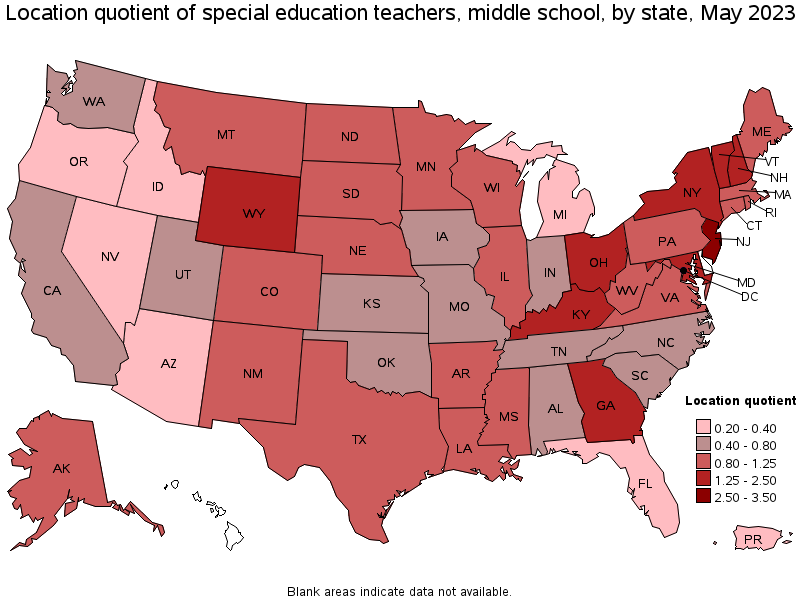 Map of location quotient of special education teachers, middle school by state, May 2021