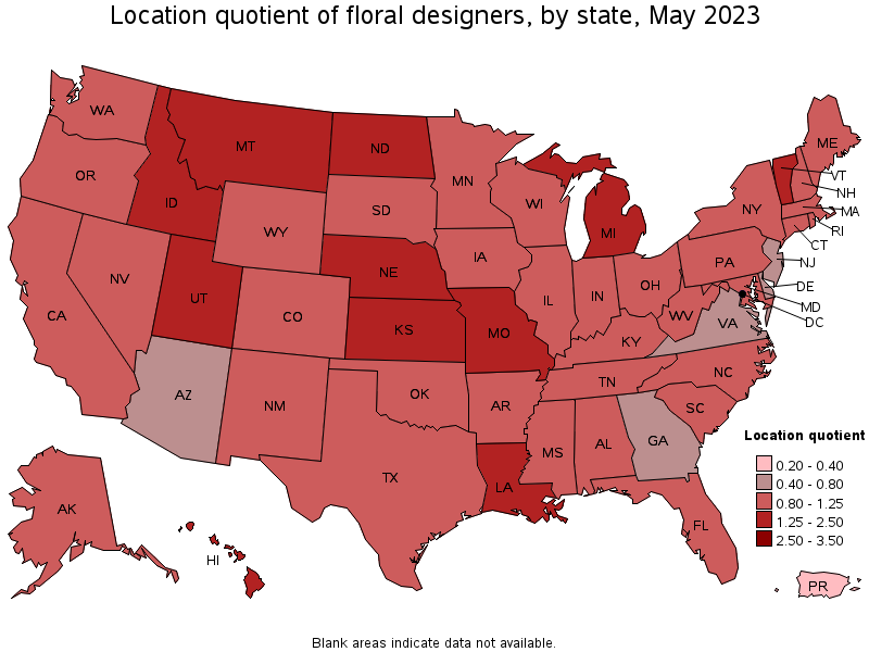 Map of location quotient of floral designers by state, May 2021