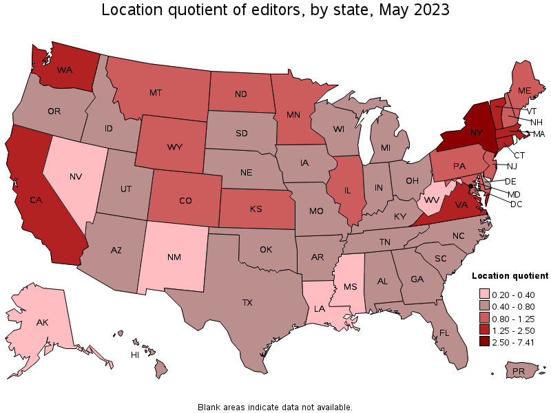 Map of location quotient of editors by state, May 2021