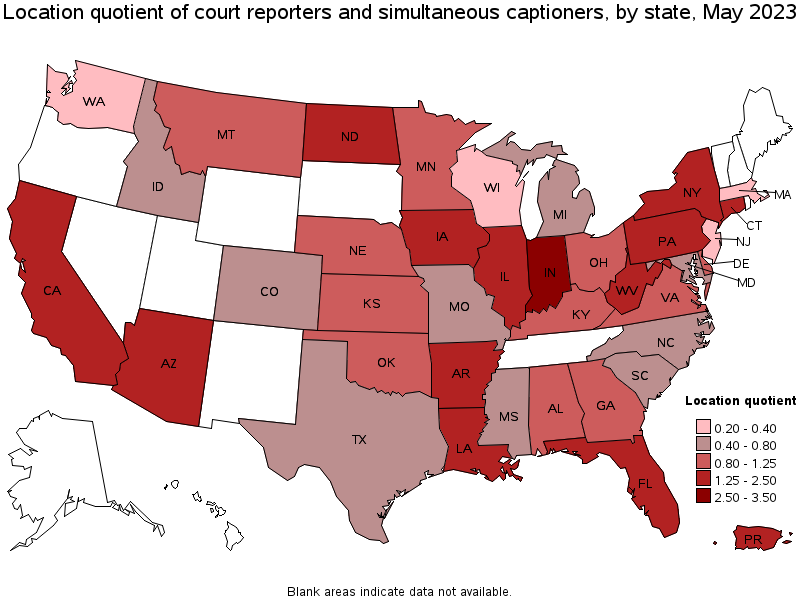 Map of location quotient of court reporters and simultaneous captioners by state, May 2022