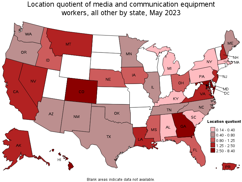 Map of location quotient of media and communication equipment workers, all other by state, May 2022
