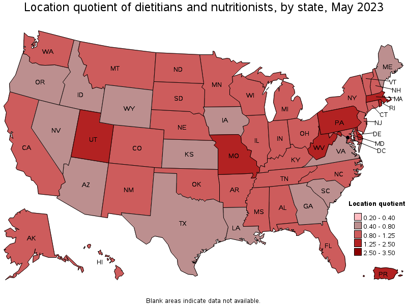 Map of location quotient of dietitians and nutritionists by state, May 2022