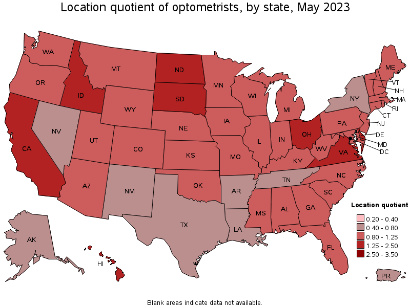 Map of location quotient of optometrists by state, May 2021