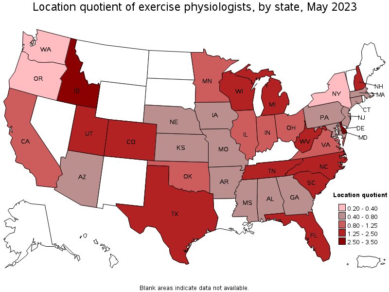 Map of location quotient of exercise physiologists by state, May 2021