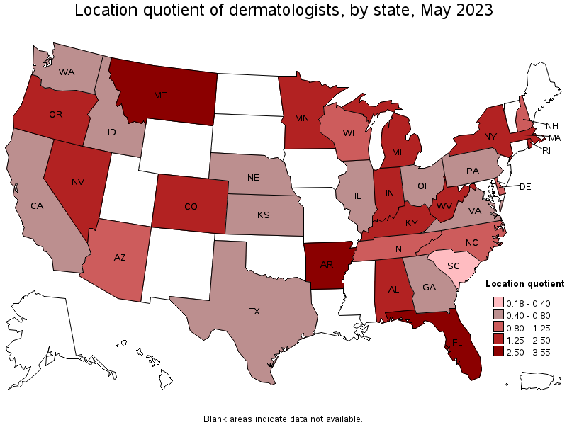 Map of location quotient of dermatologists by state, May 2021