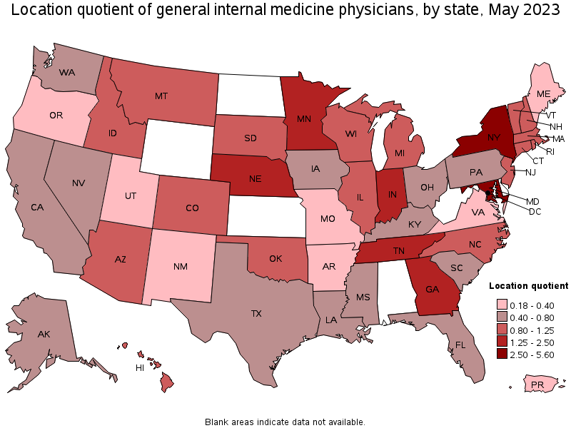 Map of location quotient of general internal medicine physicians by state, May 2021