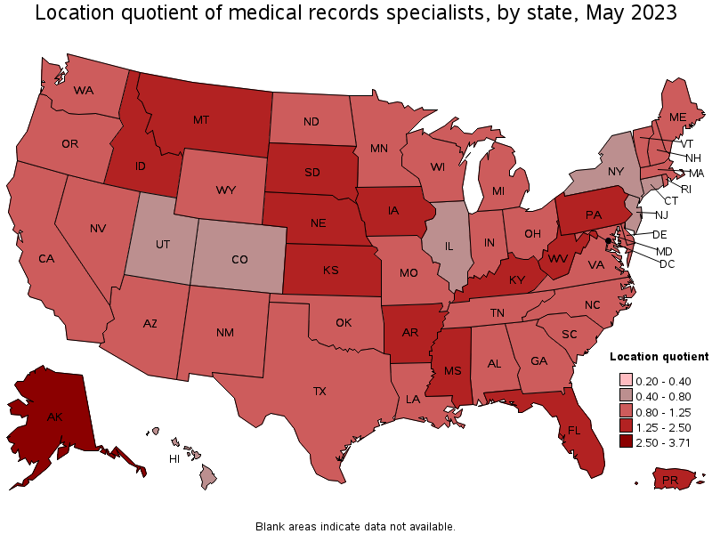 Map of location quotient of medical records specialists by state, May 2022