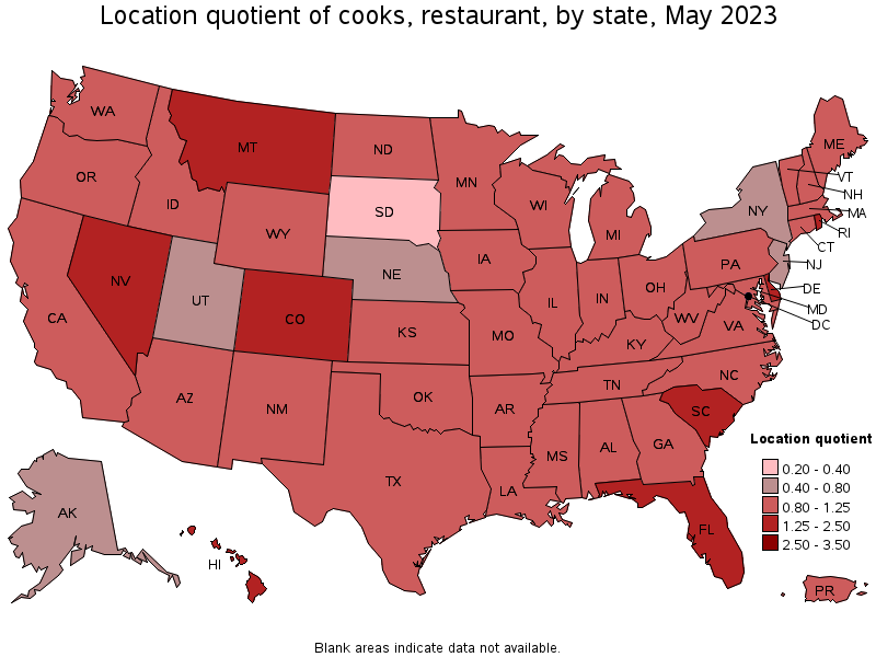 Map of location quotient of cooks, restaurant by state, May 2022