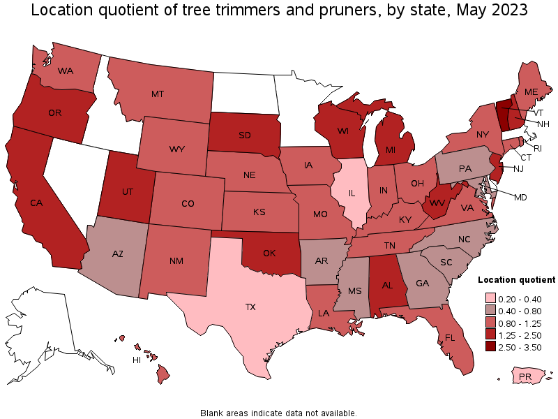 Map of location quotient of tree trimmers and pruners by state, May 2021