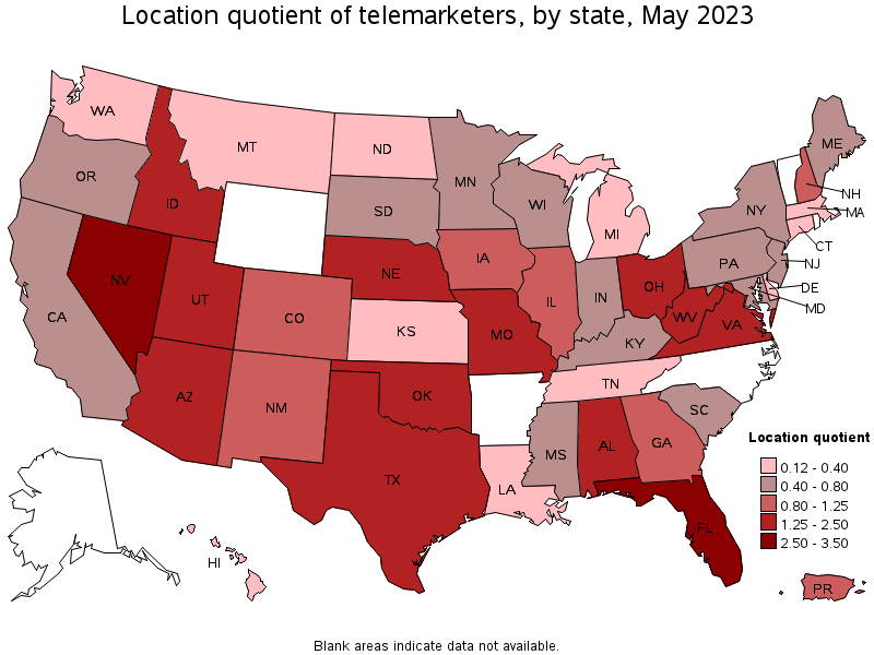 Map of location quotient of telemarketers by state, May 2022