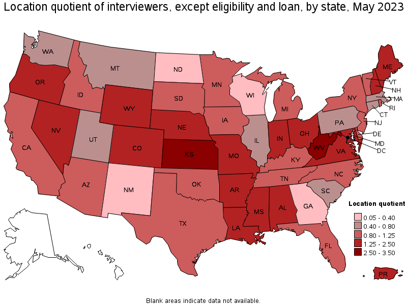 Map of location quotient of interviewers, except eligibility and loan by state, May 2022