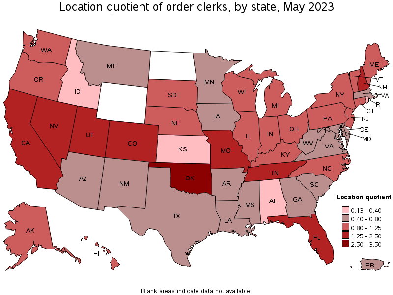 Map of location quotient of order clerks by state, May 2022