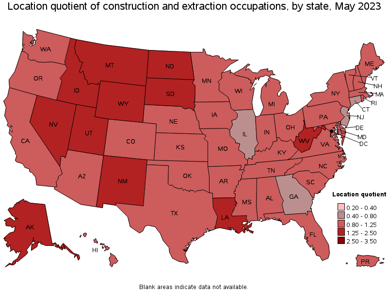 Map of location quotient of construction and extraction occupations by state, May 2021