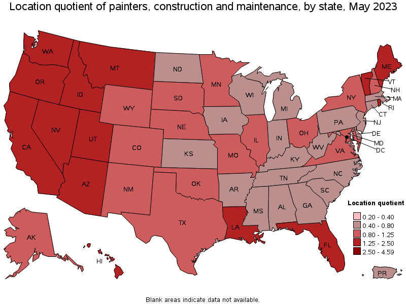 Map of location quotient of painters, construction and maintenance by state, May 2021