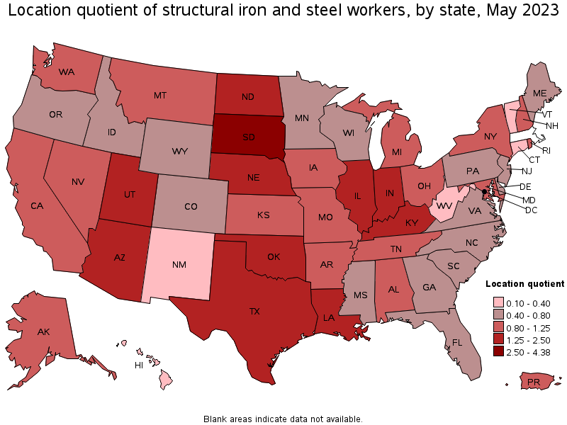 Map of location quotient of structural iron and steel workers by state, May 2022