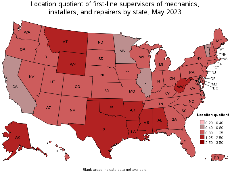 Map of location quotient of first-line supervisors of mechanics, installers, and repairers by state, May 2022
