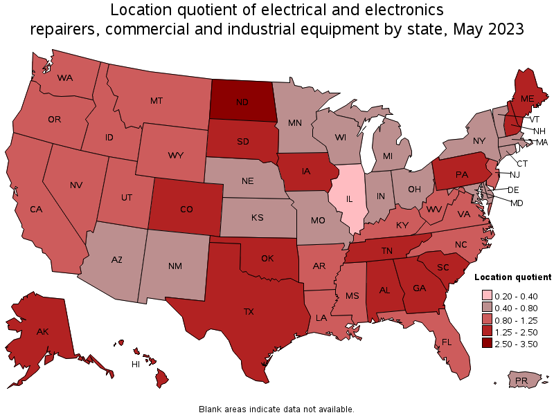 Map of location quotient of electrical and electronics repairers, commercial and industrial equipment by state, May 2022