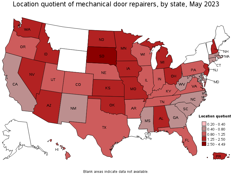 Map of location quotient of mechanical door repairers by state, May 2021