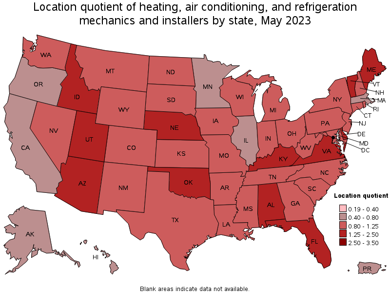 Map of location quotient of heating, air conditioning, and refrigeration mechanics and installers by state, May 2021
