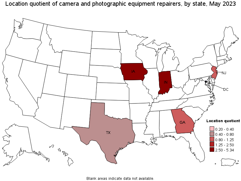 Map of location quotient of camera and photographic equipment repairers by state, May 2021