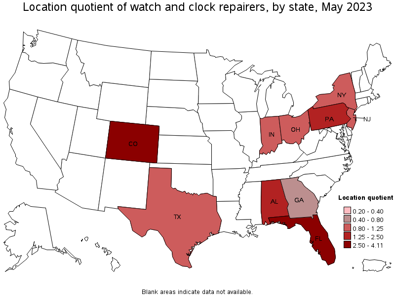Map of location quotient of watch and clock repairers by state, May 2021