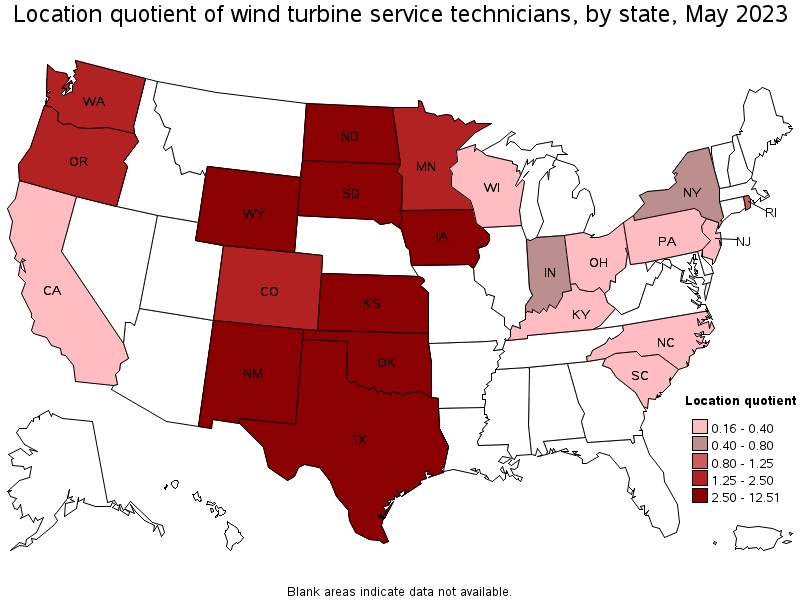 Map of location quotient of wind turbine service technicians by state, May 2022