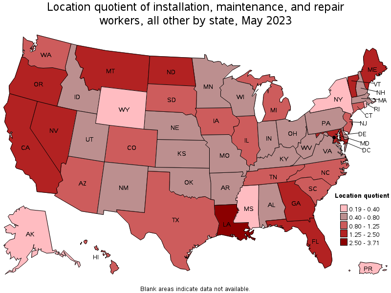 Map of location quotient of installation, maintenance, and repair workers, all other by state, May 2021
