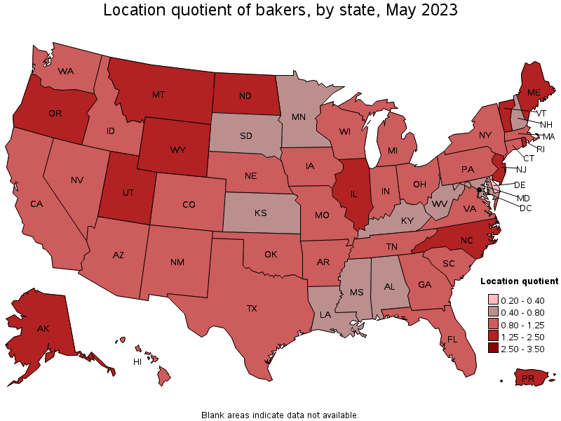 Map of location quotient of bakers by state, May 2022