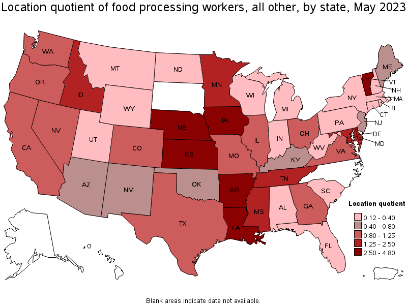 Map of location quotient of food processing workers, all other by state, May 2021
