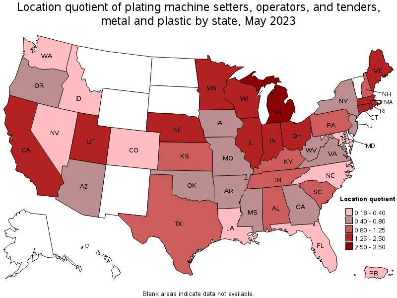 Map of location quotient of plating machine setters, operators, and tenders, metal and plastic by state, May 2022