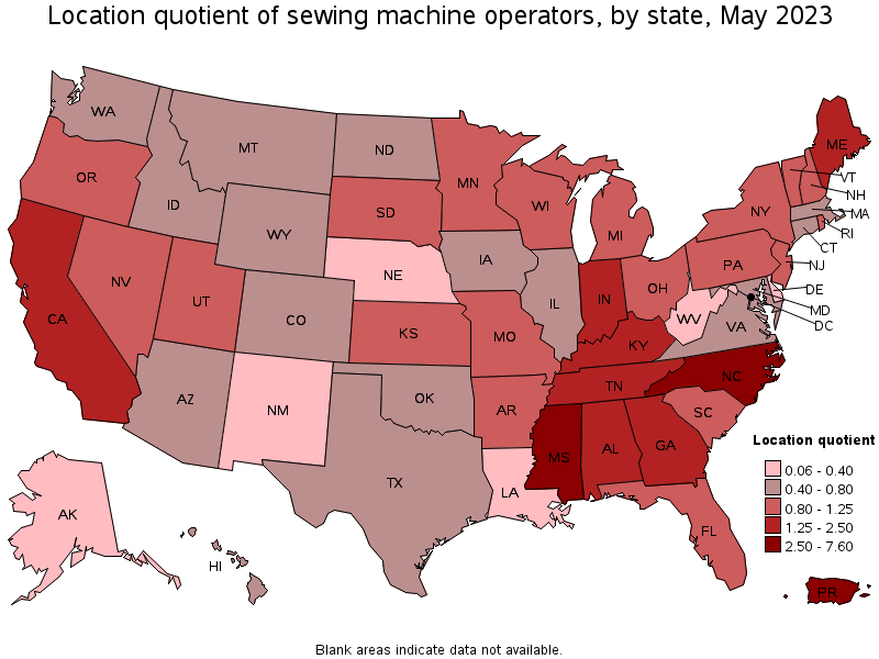 Map of location quotient of sewing machine operators by state, May 2022