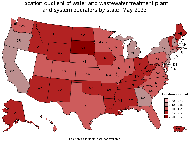 Map of location quotient of water and wastewater treatment plant and system operators by state, May 2021
